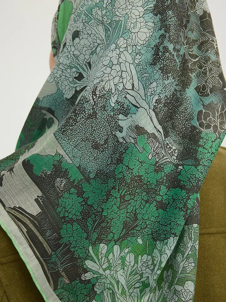 Schaless Efilia Yeşil Orman Desenli Pamuklu Eşarp Resmi-3