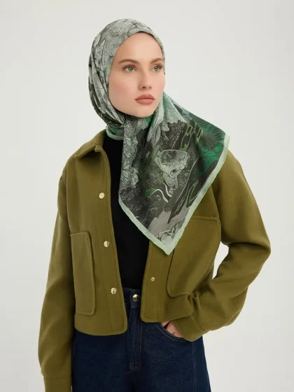 Schaless Efilia Yeşil Orman Desenli Pamuklu Eşarp Resmi