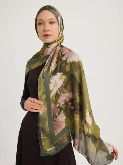 Schaless Aurora Yeşil Botanik Desenli Janjanlı Şal Resmi
