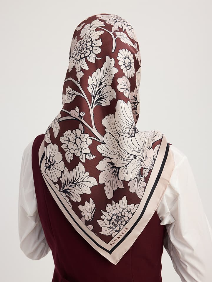 Çiçek Rüyası Bordo İpek Twill Eşarp 90x90 cm