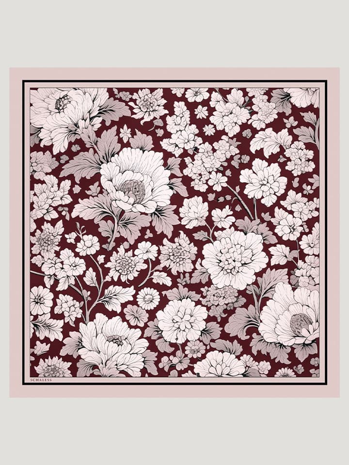 Çiçek Rüyası Bordo İpek Twill Eşarp 90x90 cm