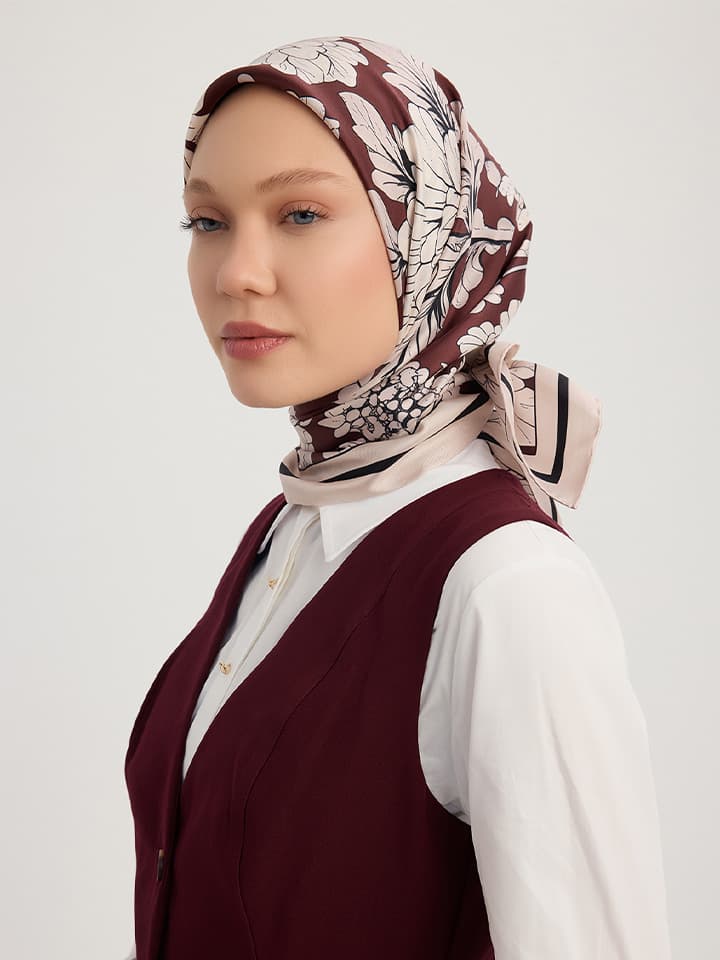 Çiçek Rüyası Bordo İpek Twill Eşarp 90x90 cm