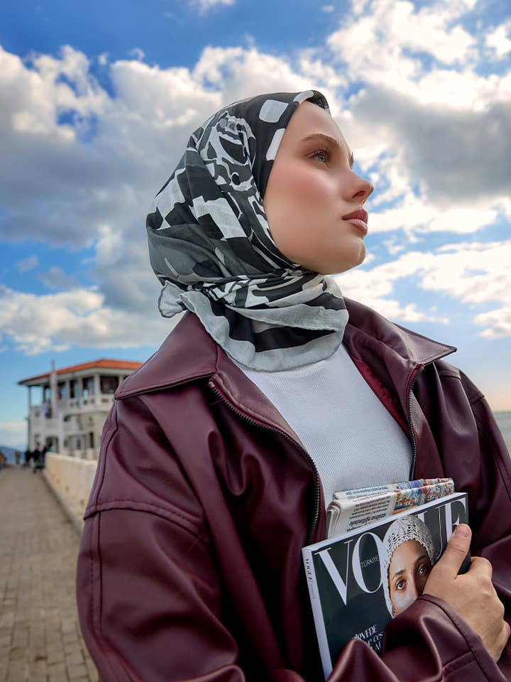 Pastel Yolculuk Gri Efilia Desenli Eşarp 70x190 cm