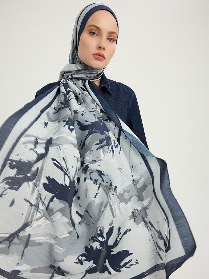 8695103020301-2 Özgür Fırçalar Lacivert Vierra Desenli Şal 70x190 cm