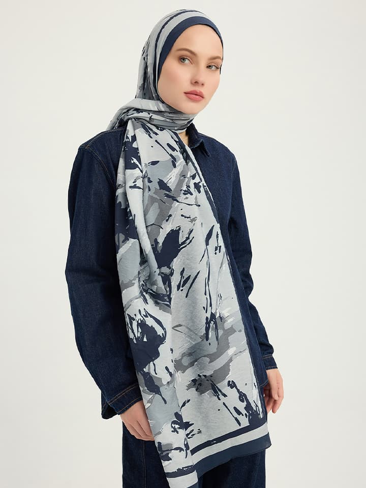 8695103020301-3 Özgür Fırçalar Lacivert Vierra Desenli Şal 70x190 cm