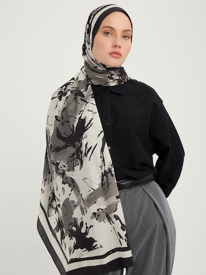 Özgür Fırçalar Gri Vierra Desenli Şal 70x190 cm