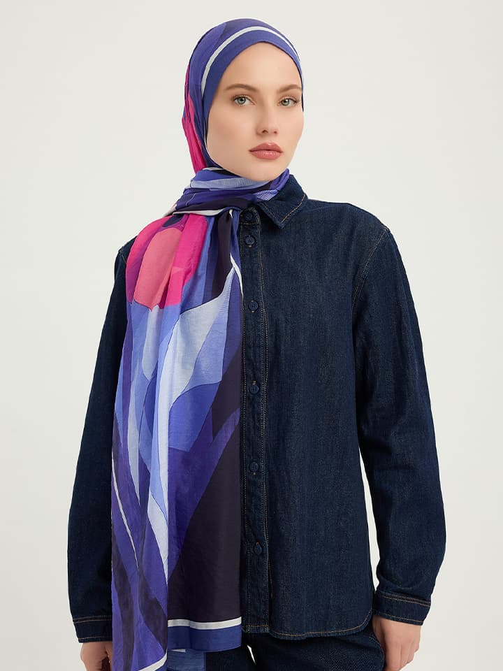 Schaless Işıklı Çiçekler Mor Vierra Desenli Viskon Şal 70x190 cm