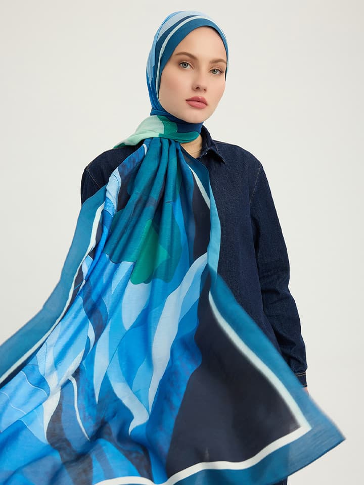 Işıklı Çiçekler Mavi Vierra Desenli Viskon Şal 70x190 cm