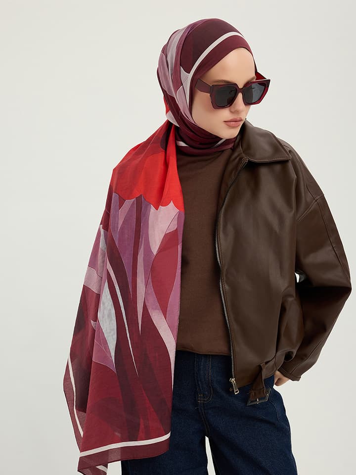 Işıklı Çiçekler Bordo Vierra Desenli Viskon Şal 70x190 cm