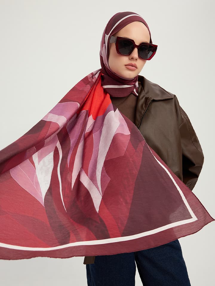 Schaless Işıklı Çiçekler Bordo Vierra Desenli Viskon Şal 70x190 cm