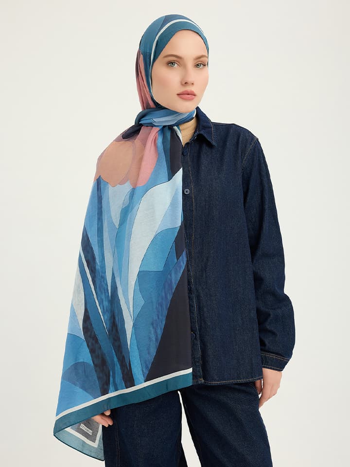 Schaless Işıklı Çiçekler Turkuaz Vierra Desenli Viskon Şal 70x190 cm