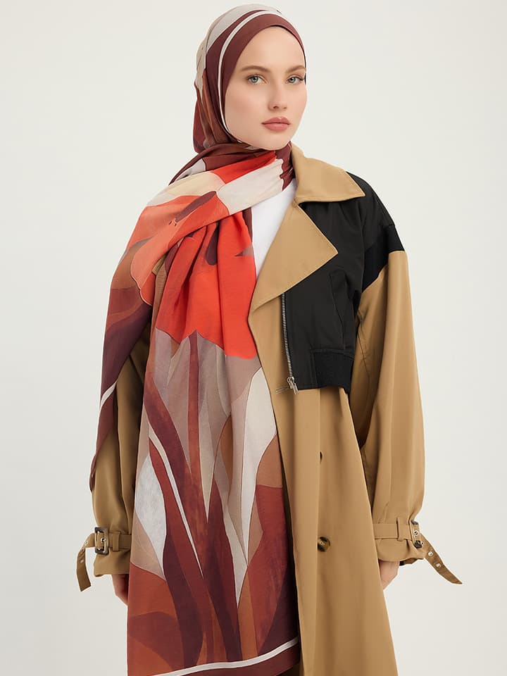 Işıklı Çiçekler Tarçın Vierra Desenli Viskon Şal 70x190 cm
