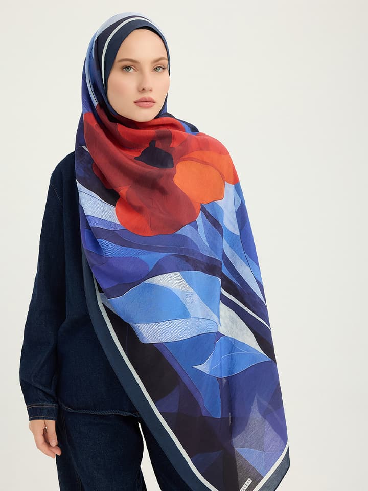 Işıklı Çiçekler Lacivert Vierra Desenli Viskon Şal 70x190 cm