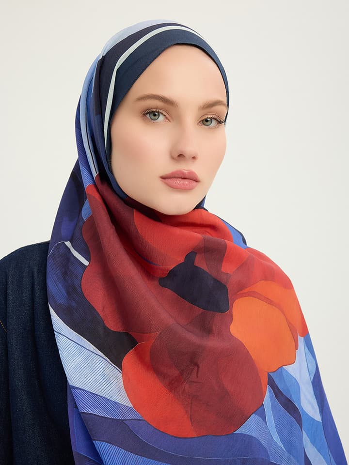 Işıklı Çiçekler Lacivert Vierra Desenli Viskon Şal 70x190 cm