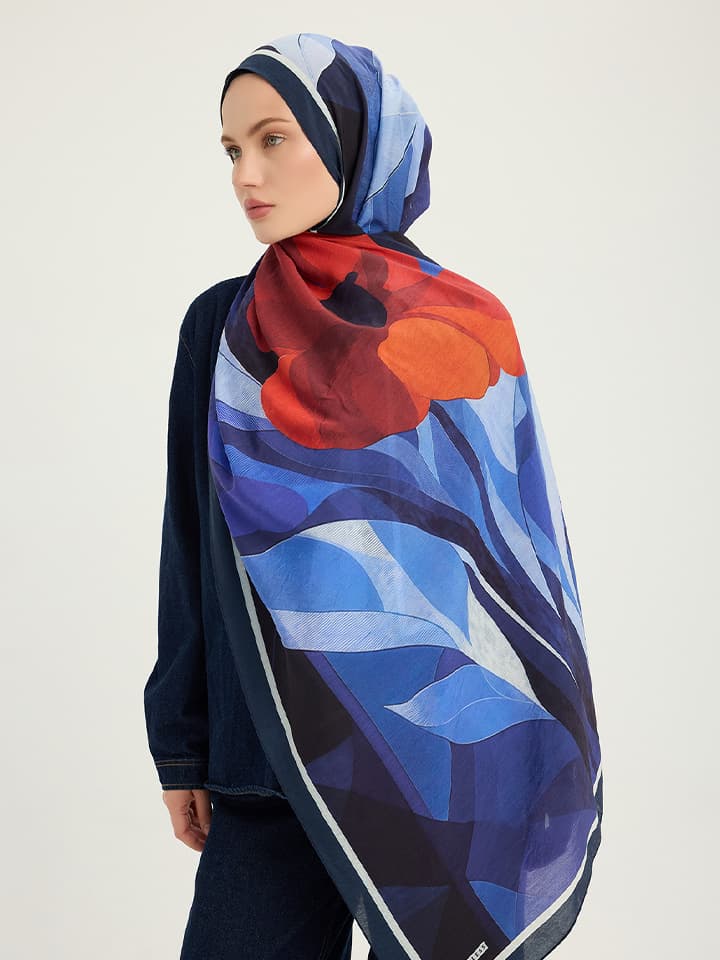 Schaless Işıklı Çiçekler Lacivert Vierra Desenli Viskon Şal 70x190 cm