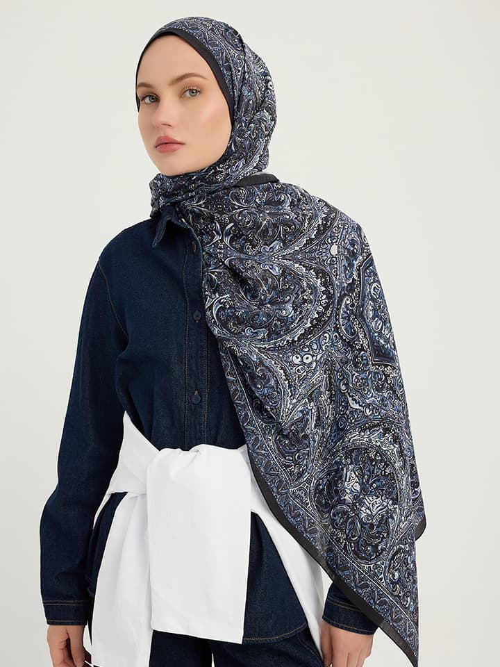 Ebedi Saraylar Lacivert Vierra Desenli Viskon Şal 70x190 cm
