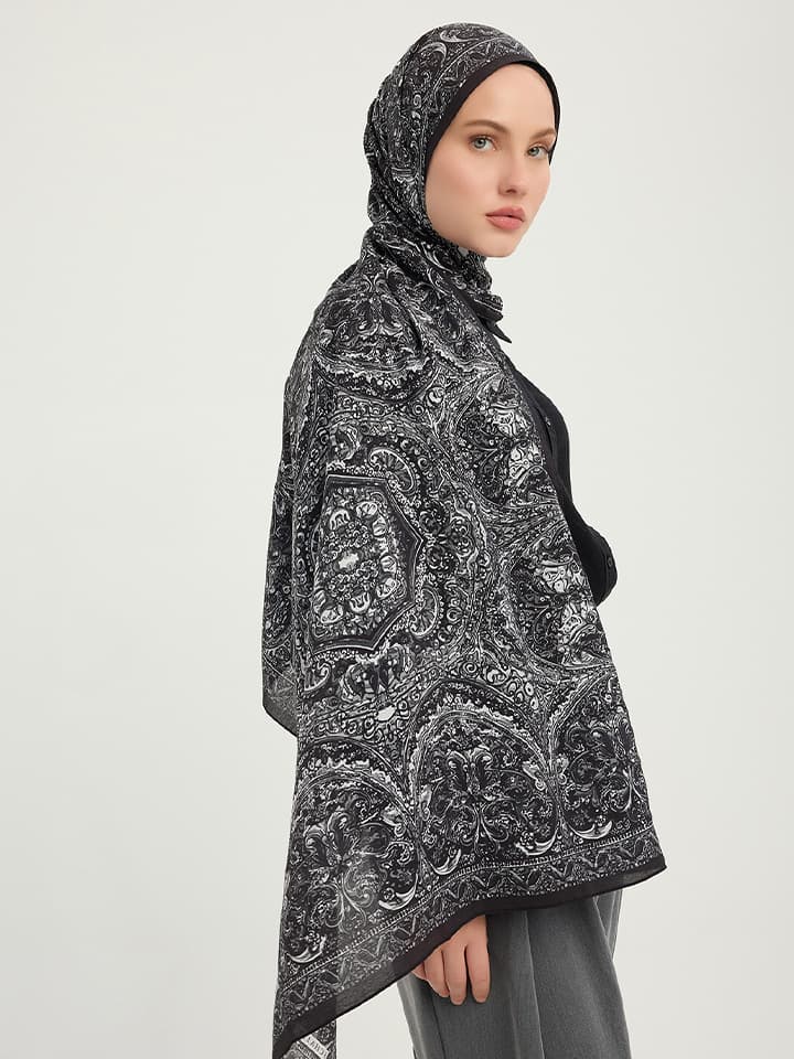Schaless Ebedi Saraylar Siyah Vierra Desenli Viskon Şal 70x190 cm
