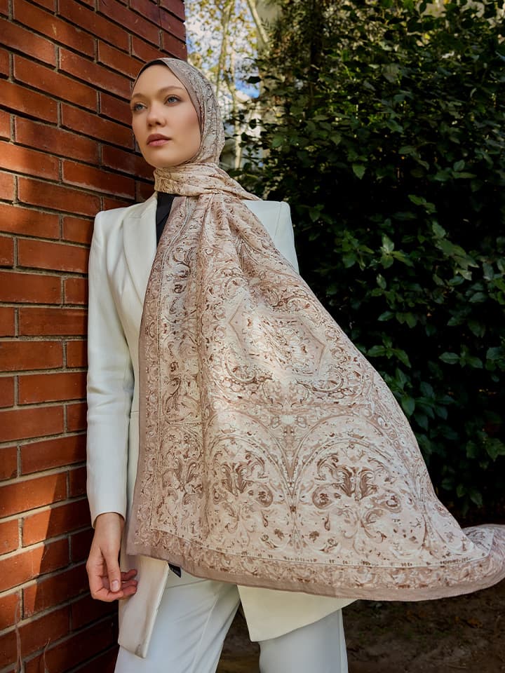 Ebedi Saraylar Bej Vierra Desenli Viskon Şal 70x190 cm