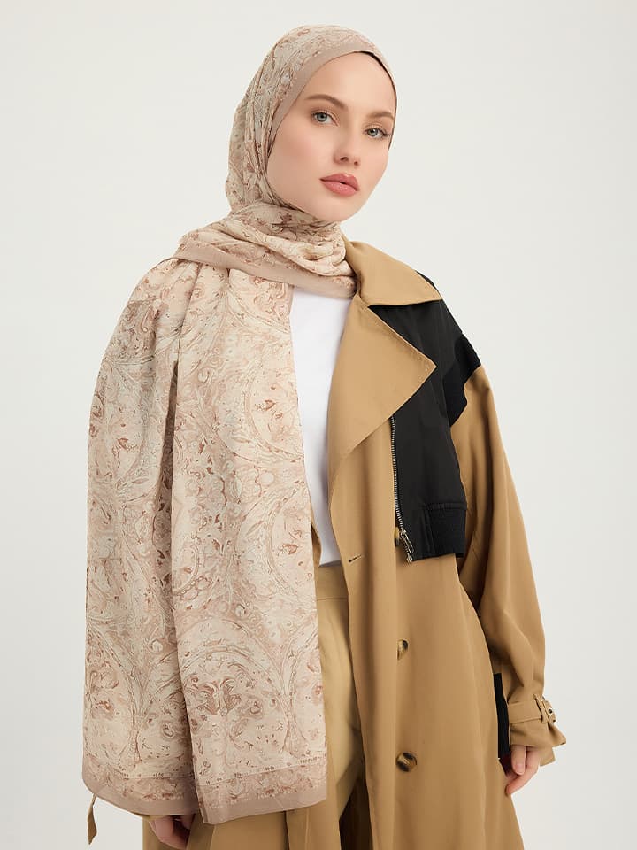 Ebedi Saraylar Bej Vierra Desenli Viskon Şal 70x190 cm