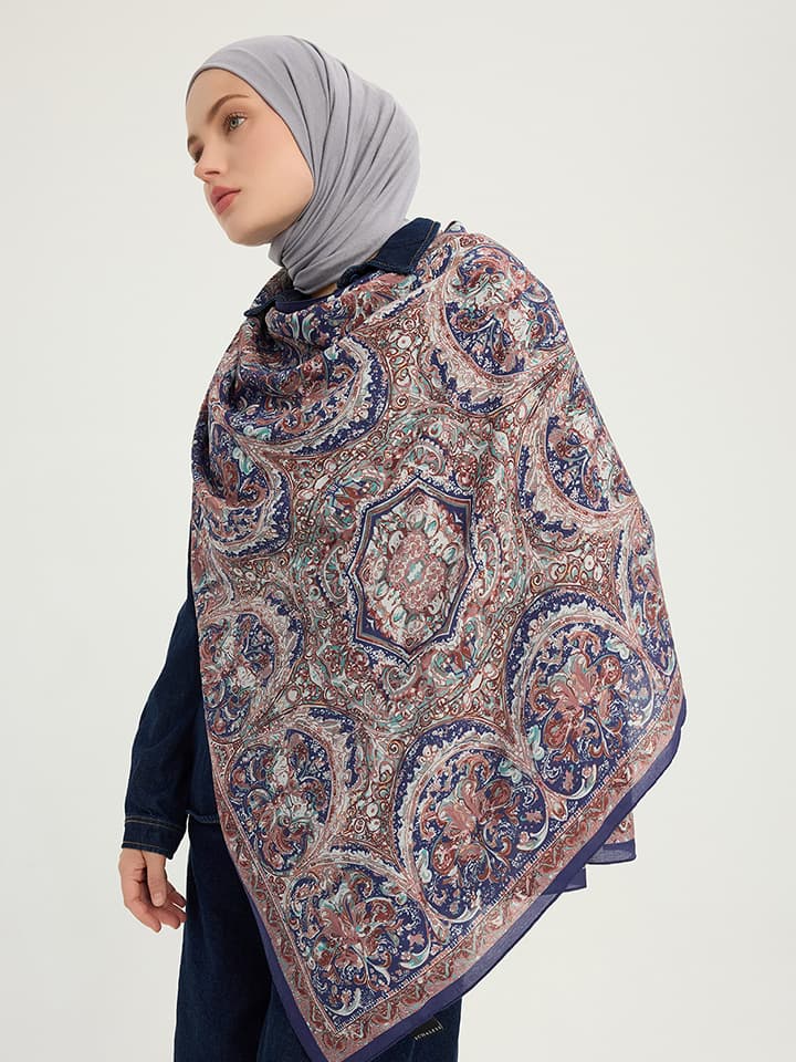 Ebedi Saraylar İndigo Kahverengi Desenli Viskon Şal 70x190 cm