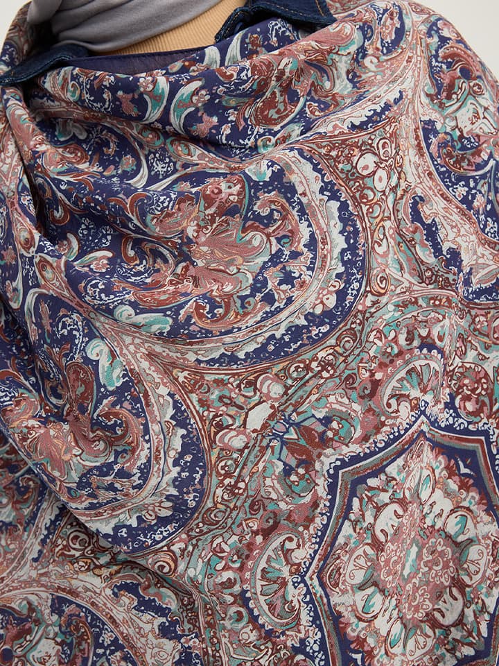 Ebedi Saraylar İndigo Kahverengi Desenli Viskon Şal 70x190 cm