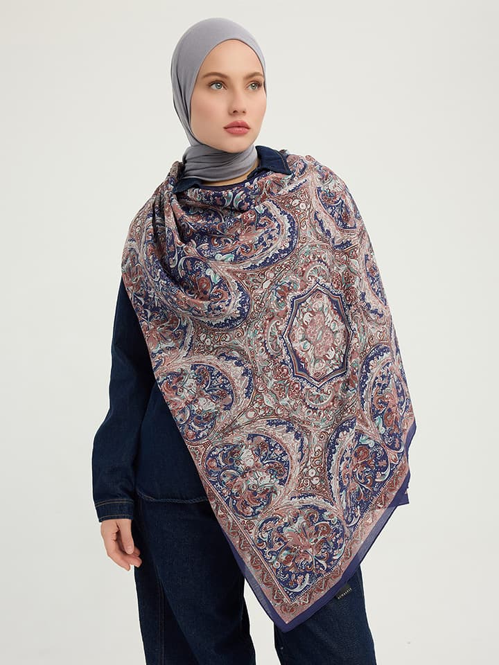 Ebedi Saraylar İndigo Kahverengi Desenli Viskon Şal 70x190 cm