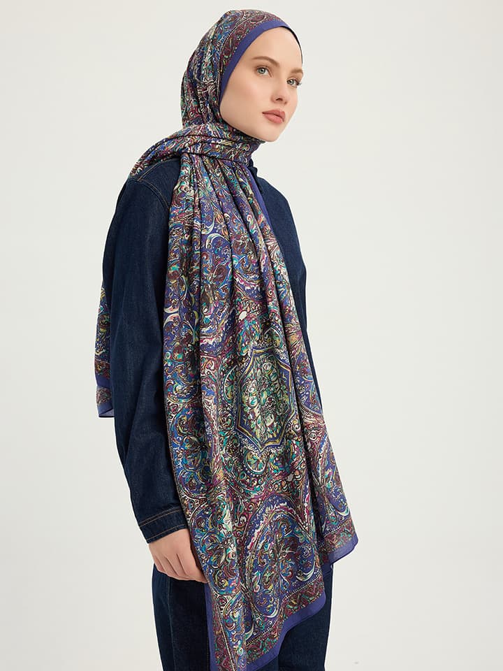 Ebedi Saraylar İndigo Vierra Desenli Viskon Şal 70x190 cm
