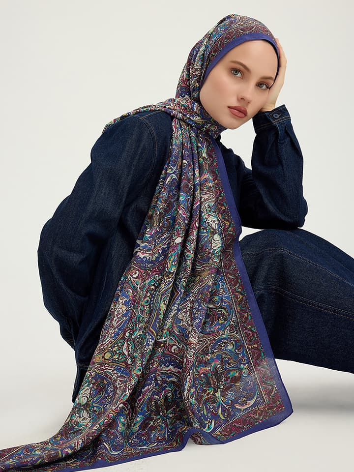 Ebedi Saraylar İndigo Vierra Desenli Viskon Şal 70x190 cm