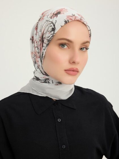 Sessiz Botanik Açık Gri Vierra Desenli Viskon Eşarp 90x90 cm