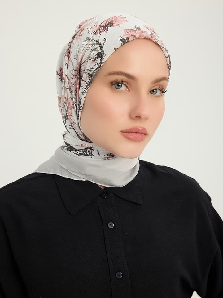 Sessiz Botanik Açık Gri Vierra Desenli Viskon Eşarp 90x90 cm