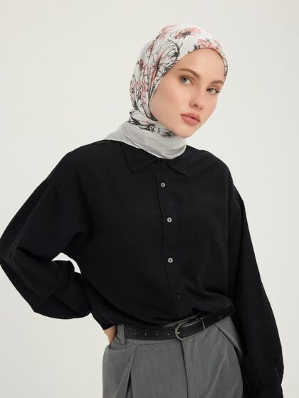 Sessiz Botanik Açık Gri Vierra Desenli Viskon Eşarp 90x90 cm