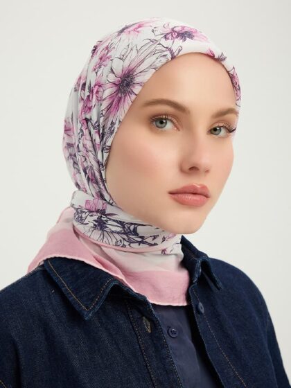 Sessiz Botanik Pudra Vierra Desenli Viskon Eşarp 90x90 cm