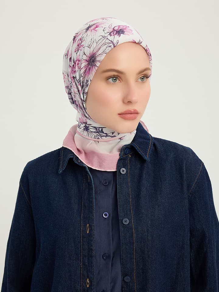 Sessiz Botanik Pudra Vierra Desenli Viskon Eşarp 90x90 cm