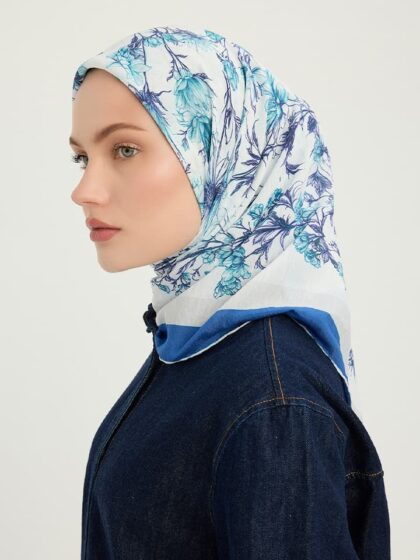 Sessiz Botanik Mavi Vierra Desenli Viskon Eşarp 90x90 cm