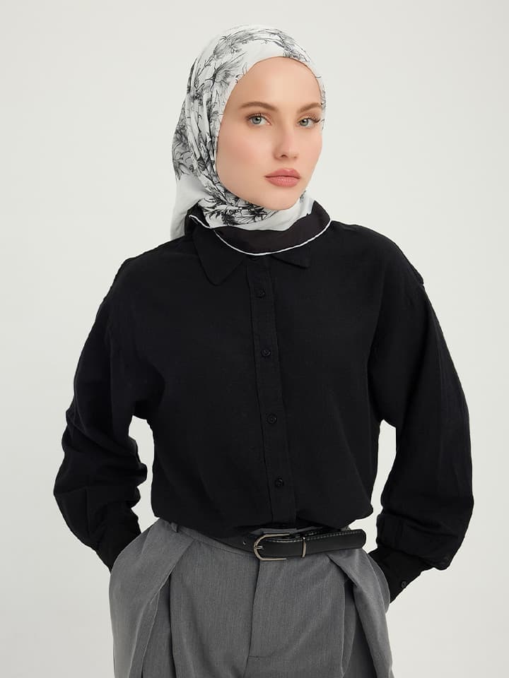 Sessiz Botanik Gri Vierra Desenli Viskon Şal 90x90 cm