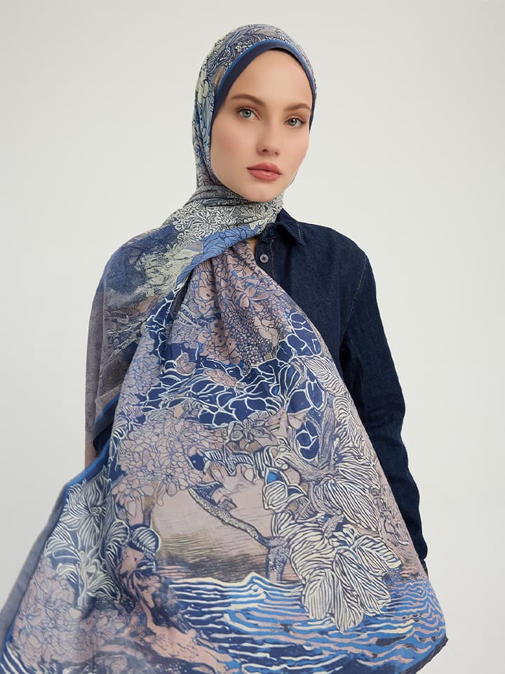Sessiz Mevsimler Lacivert Efilia Desenli Şal 70x190 cm