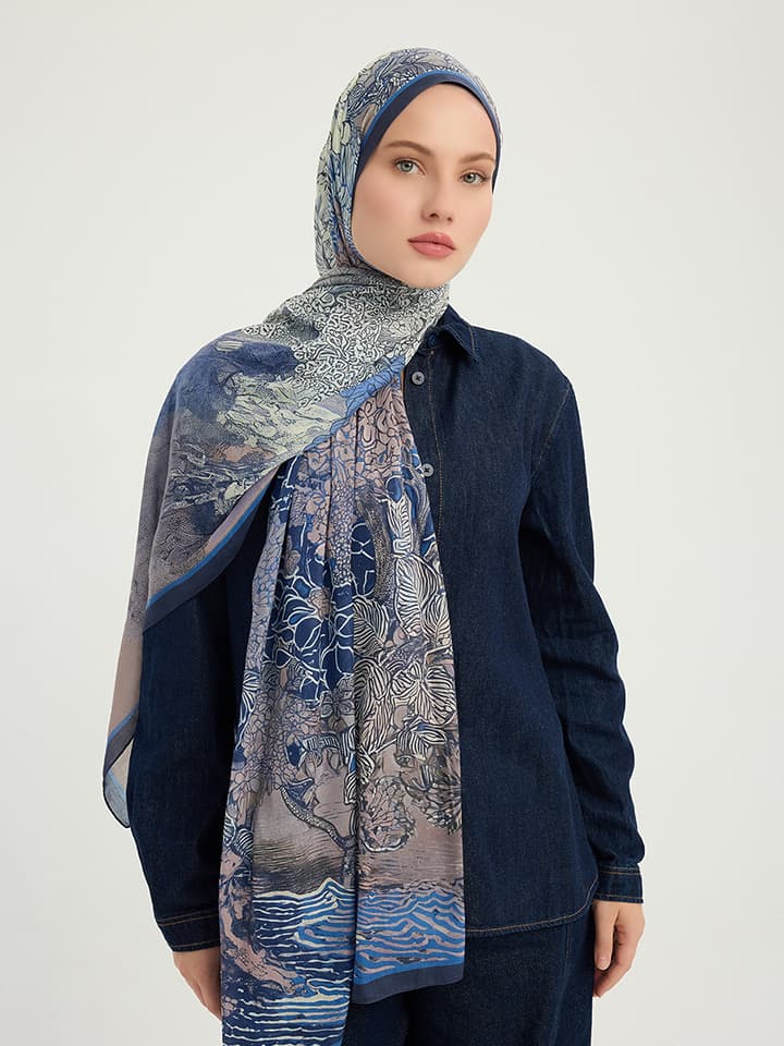 Sessiz Mevsimler Lacivert Efilia Desenli Şal 70x190 cm