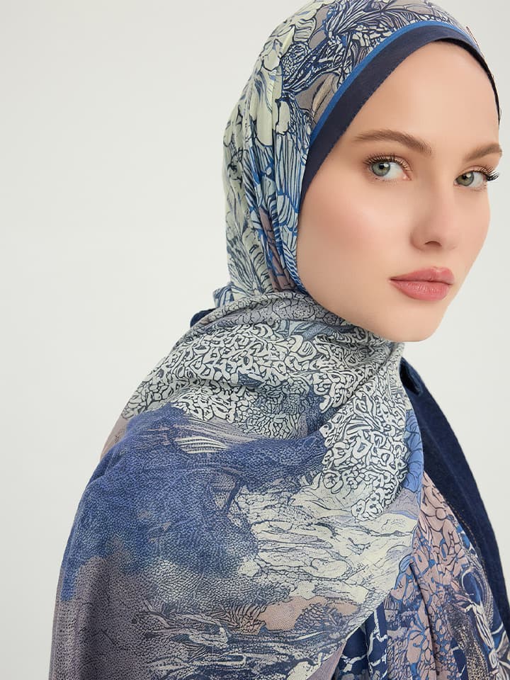 Sessiz Mevsimler Lacivert Efilia Desenli Şal 70x190 cm