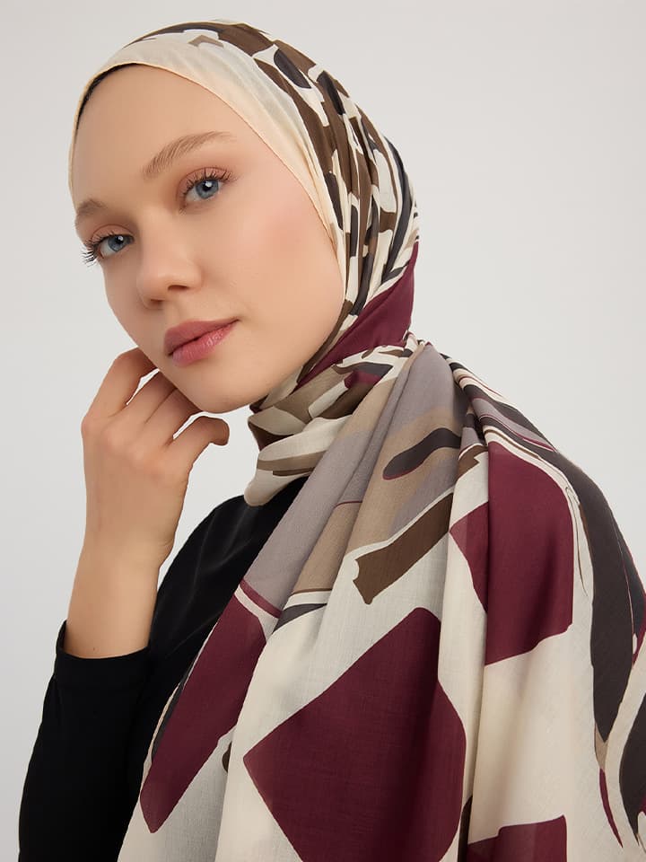 8695107060402-1 Pastel Yolculuk Bordo Efilia Desenli Şal 70x190 cm