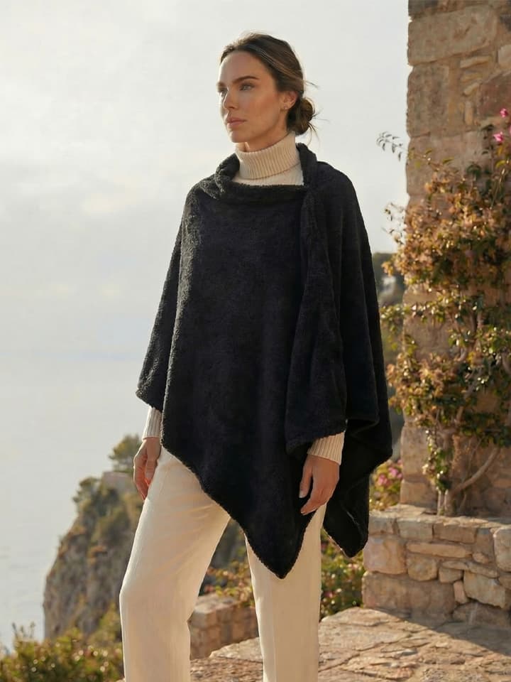 Çıtçıtlı Premium Omuz Şalı Panço - Siyah