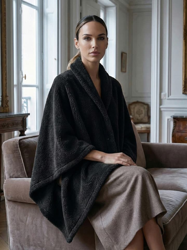 8695302010905-2 Çıtçıtlı Premium Omuz Şalı Panço - Siyah