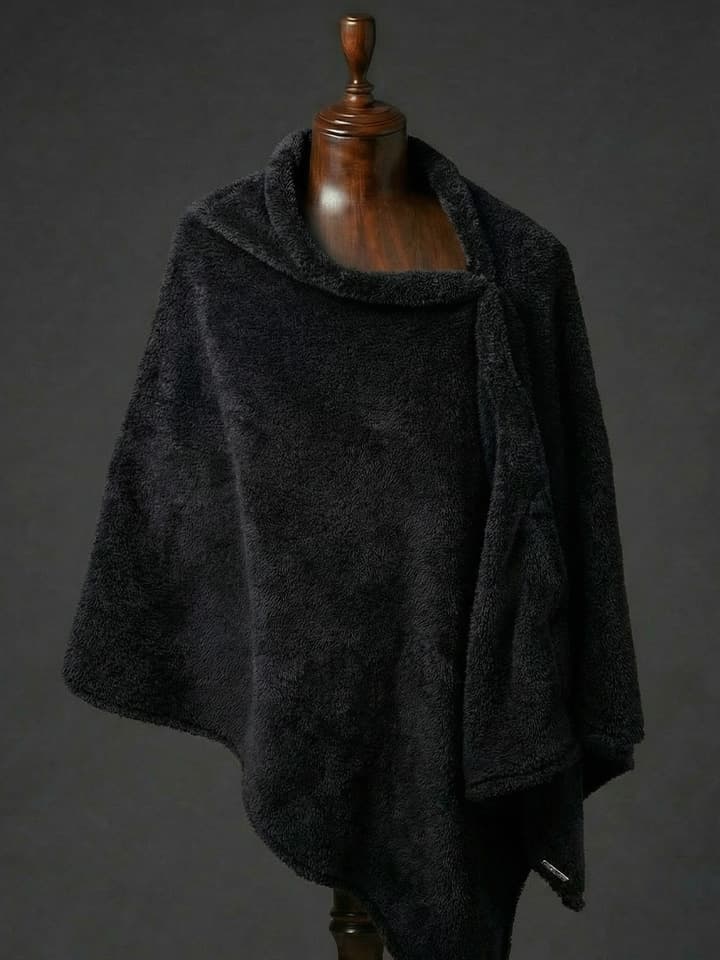 Çıtçıtlı Premium Omuz Şalı Panço - Siyah