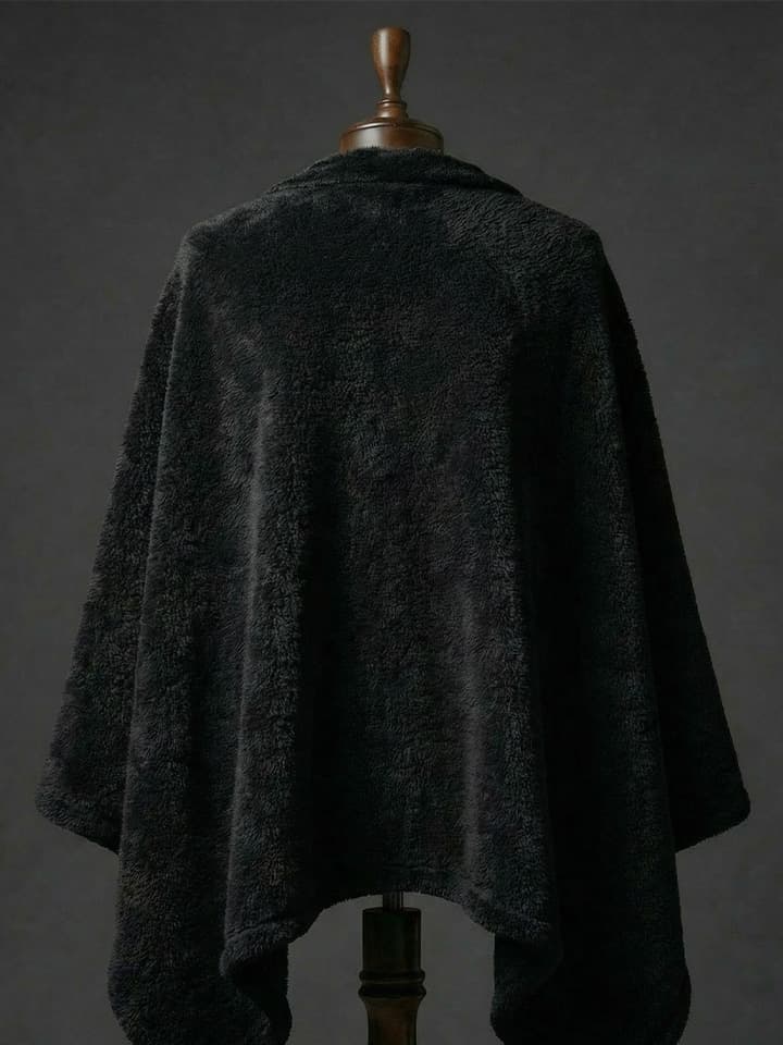 8695302010905-5 Çıtçıtlı Premium Omuz Şalı Panço - Siyah