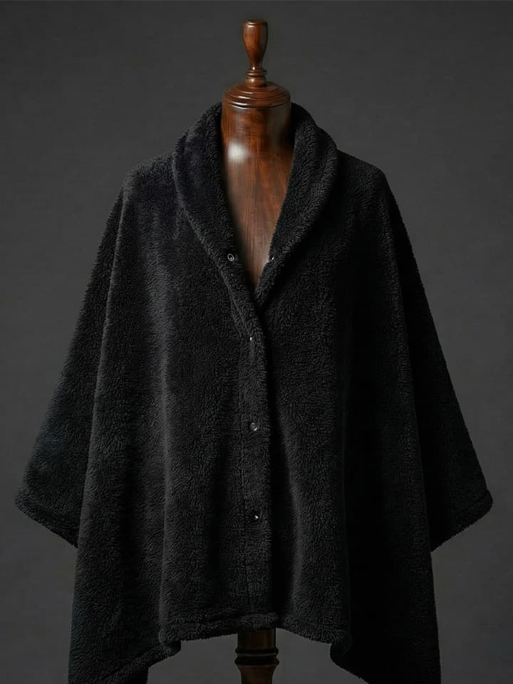 8695302010905-7 Çıtçıtlı Premium Omuz Şalı Panço - Siyah