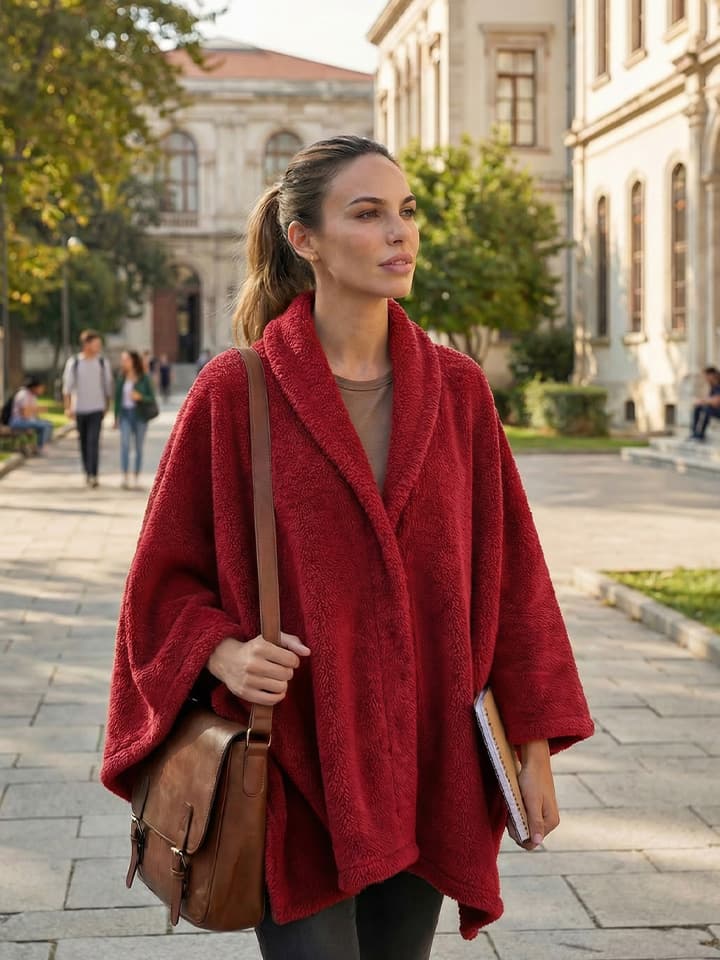 Schaless çıtçıtlı bordo omoz şalı sokakta