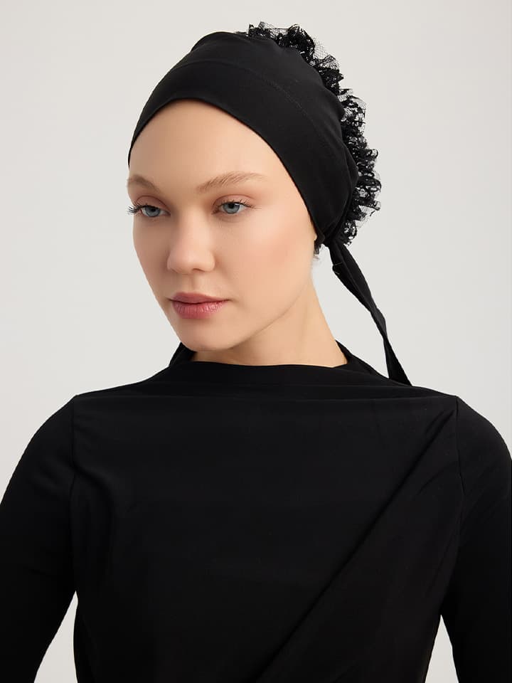 Schaless Pamuk Dantel Topuzlu Siyah Bone ön yüz